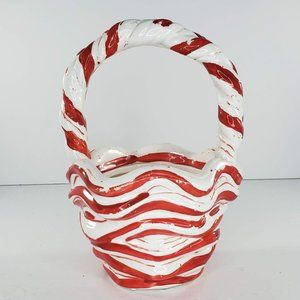 New Holland Floral Ceramic Basket Striped Red White Candy Cane Christmas